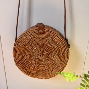 Round Woven Tan Crossbody Bag